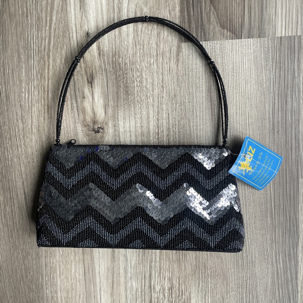 Y2K Sleeze Black Beaded Sequin Chevron Evening Bag Vintage Style NWT